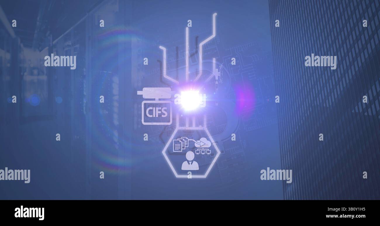 Illustration d'un réseau de connexions avec des icônes sur fond bleu Banque D'Images