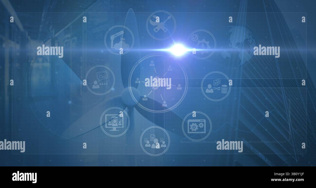 Illustration d'un réseau de connexions avec des icônes sur fond bleu Banque D'Images