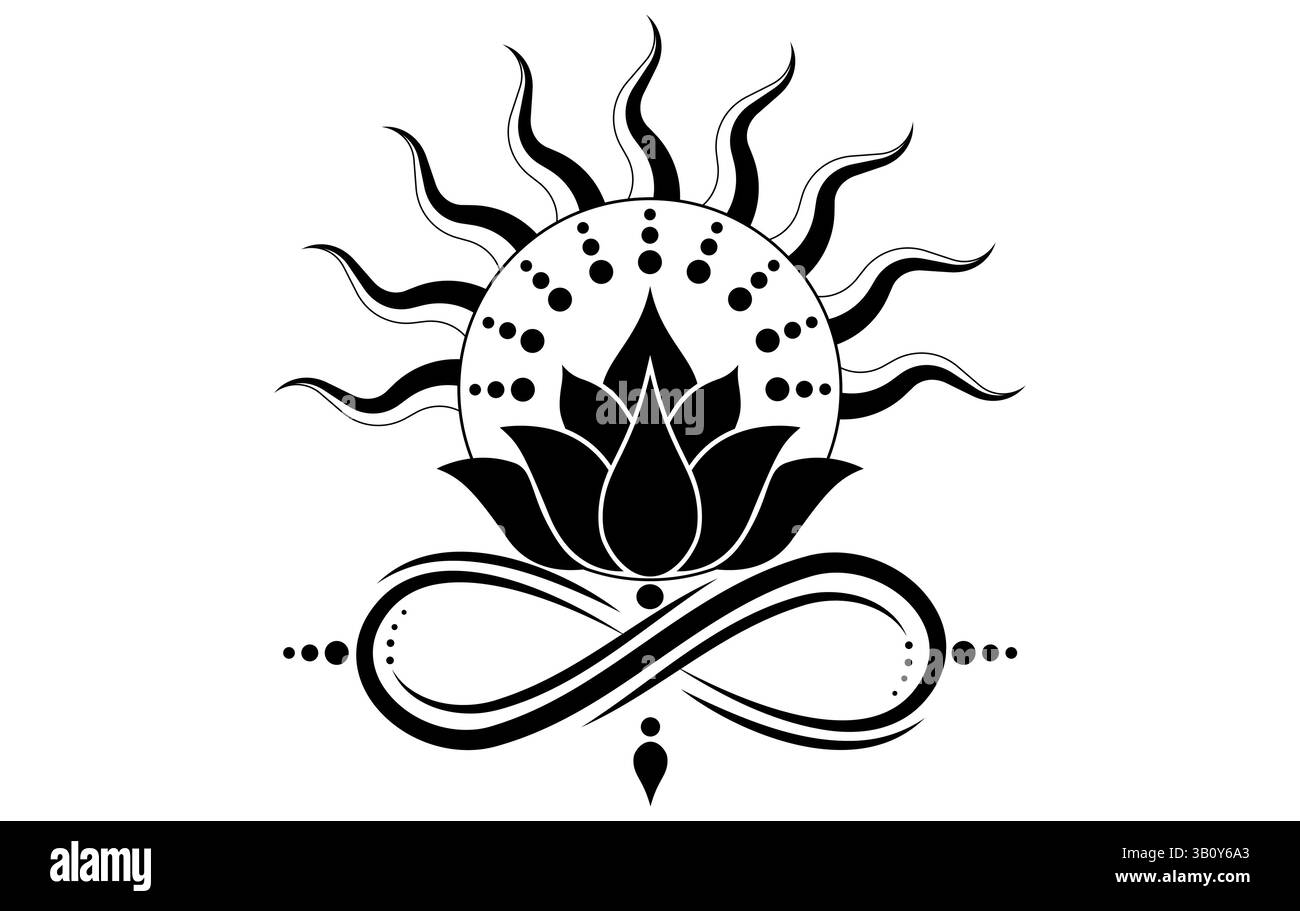 Fleur de Lotus mystique avec design de logo de symbole d'infini. Clipart céleste magique florale de yoga, spa, salon de beauté, cosmétiques, relax, style de marque, Illustration de Vecteur