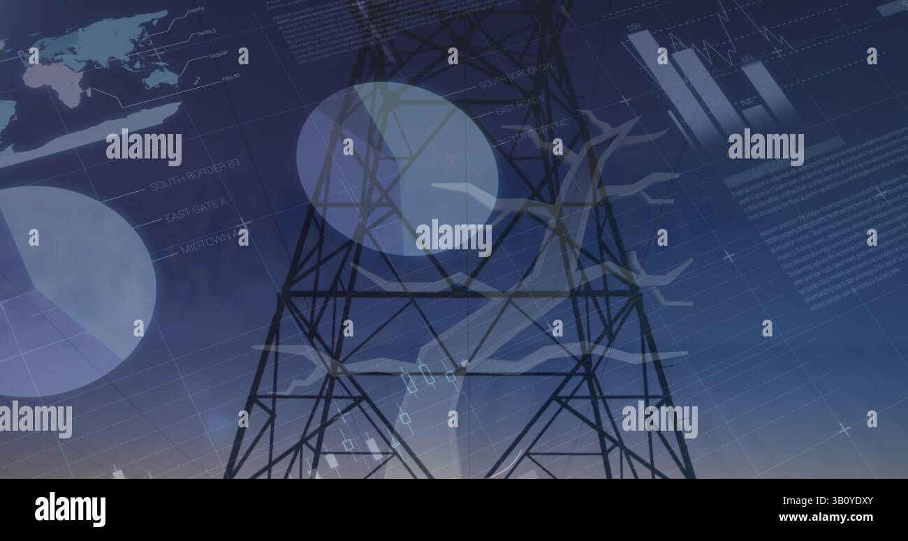 Traitement de données statistiques sur l'icône d'arbre et la tour de réseau mobile contre le ciel du coucher du soleil Banque D'Images