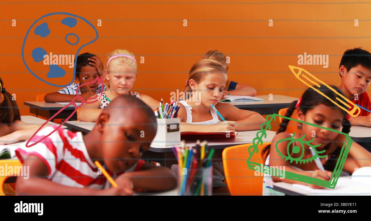 Image des icônes de l'école au-dessus de divers écoliers dans la salle de classe Banque D'Images