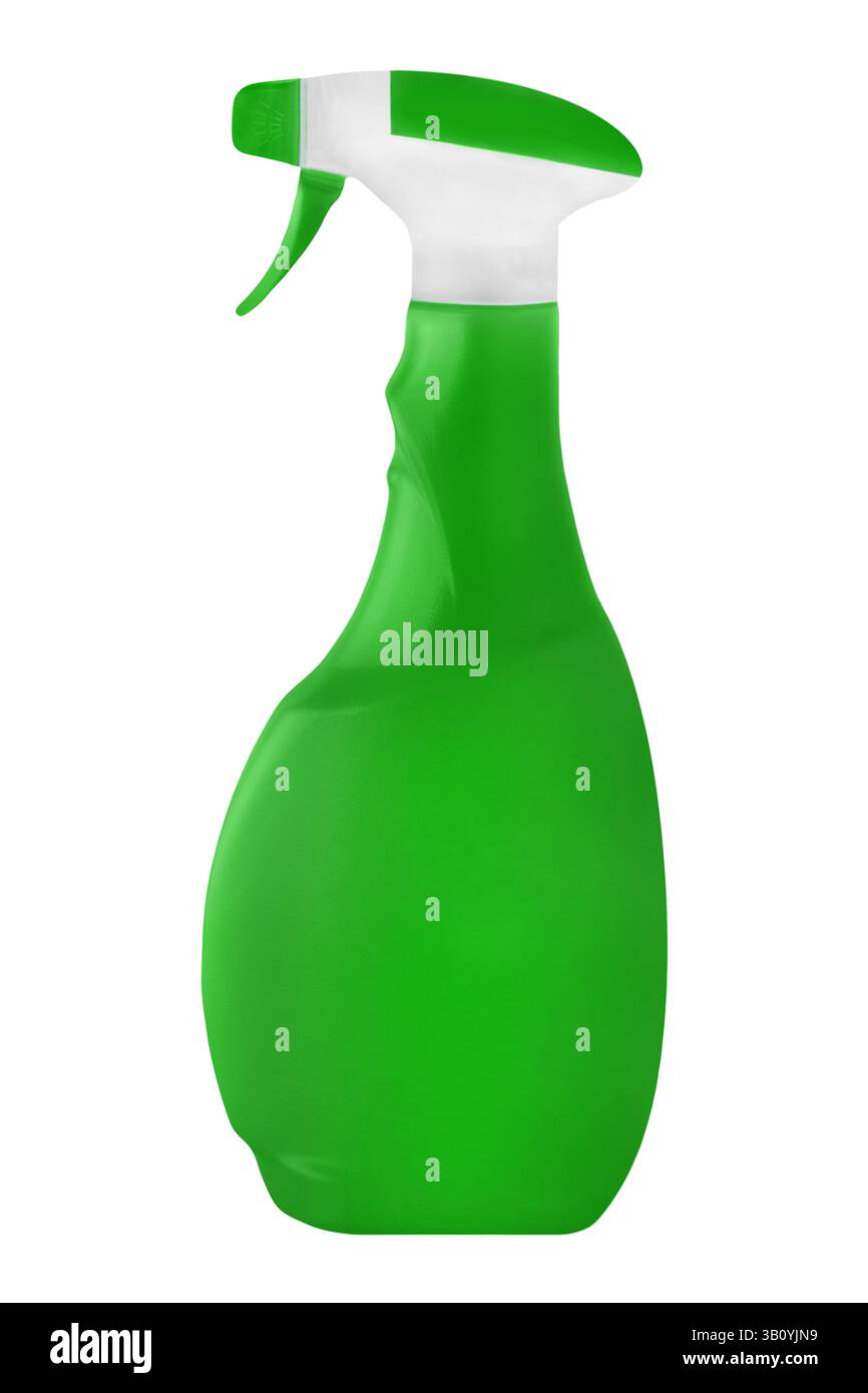 Flacon de pulvérisation d'agent de nettoyage vert isolé sur fond blanc Banque D'Images