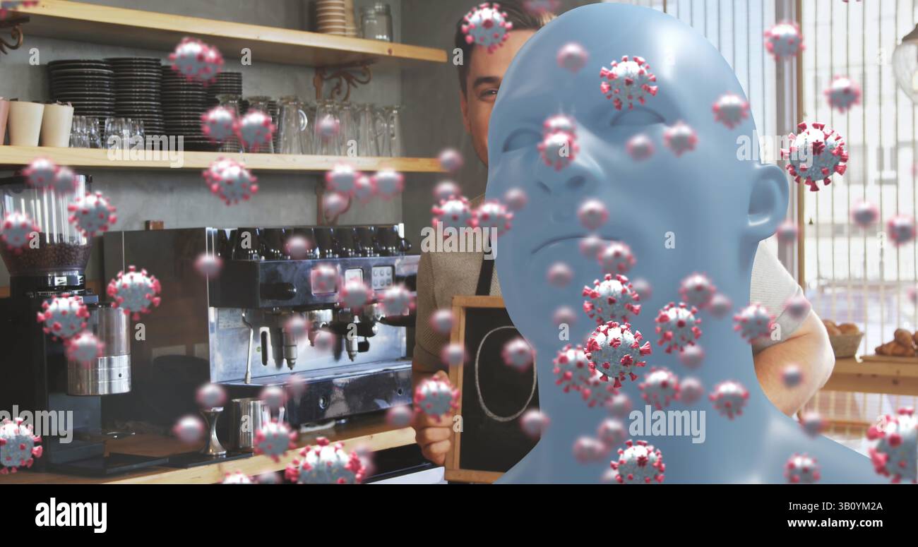 Mettant en vedette le buste 3D bleu flottant parmi les modèles de virus à l'intérieur du café, avec panneau de tableau noir Banque D'Images