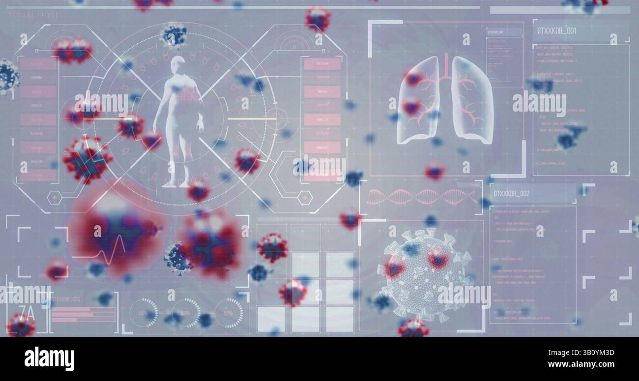 Montrant la silhouette holographique flottant dans les panneaux d'interface utilisateur médicale, avec diagramme pulmonaire, hélice d'ADN, virus Banque D'Images
