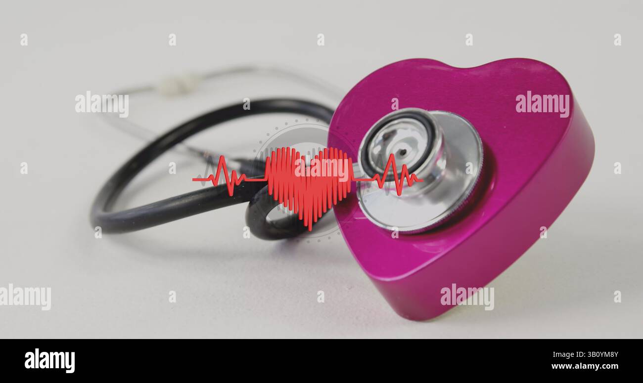Image d'un cœur avec fréquence cardiaque flottant au-dessus d'un stéthoscope sur une surface blanche Banque D'Images