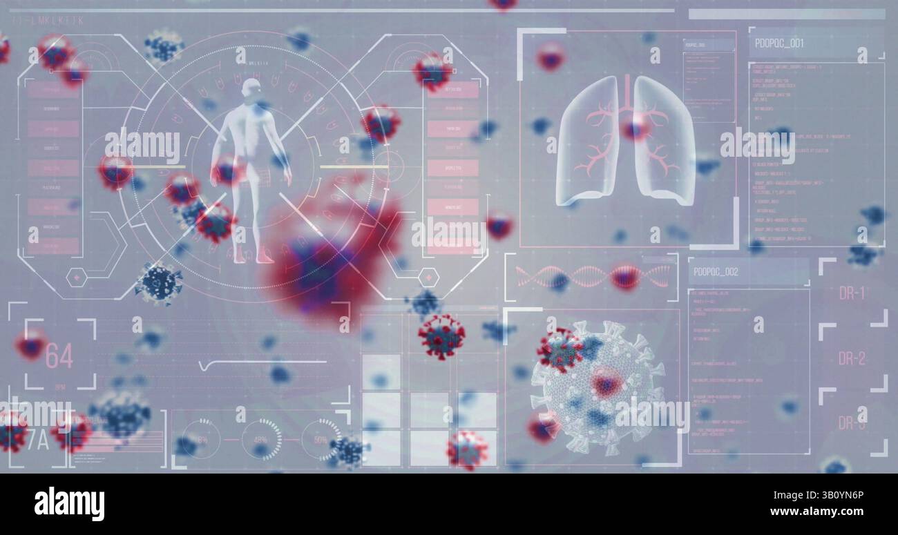 Particules virales rouges et bleues flottantes dérivant dans l'interface du laboratoire, avec silhouette corporelle et scanner pulmonaire Banque D'Images