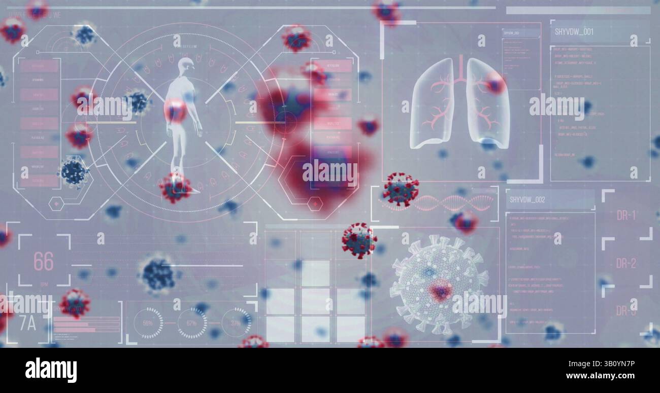 Affichage des particules de coronavirus en 3D flottant sur l'écran du laboratoire virtuel, avec panneaux HUD et diagrammes pulmonaires Banque D'Images