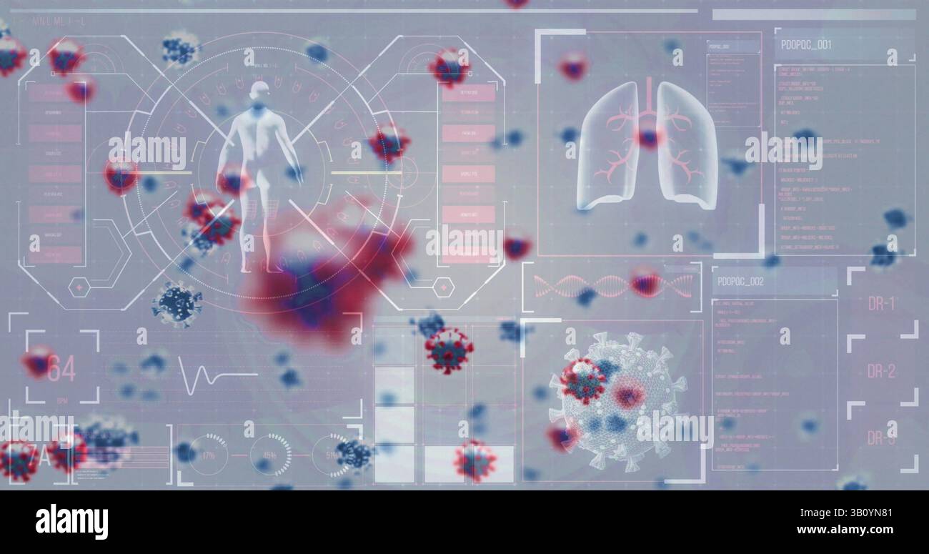 Particule de virus épi rouge-bleu flottante dérivant dans l'interface de tableau de bord médical, avec silhouette Banque D'Images