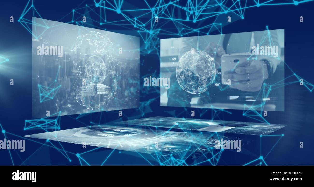 Image du réseau de connexions et de traitement des données sur fond bleu Banque D'Images