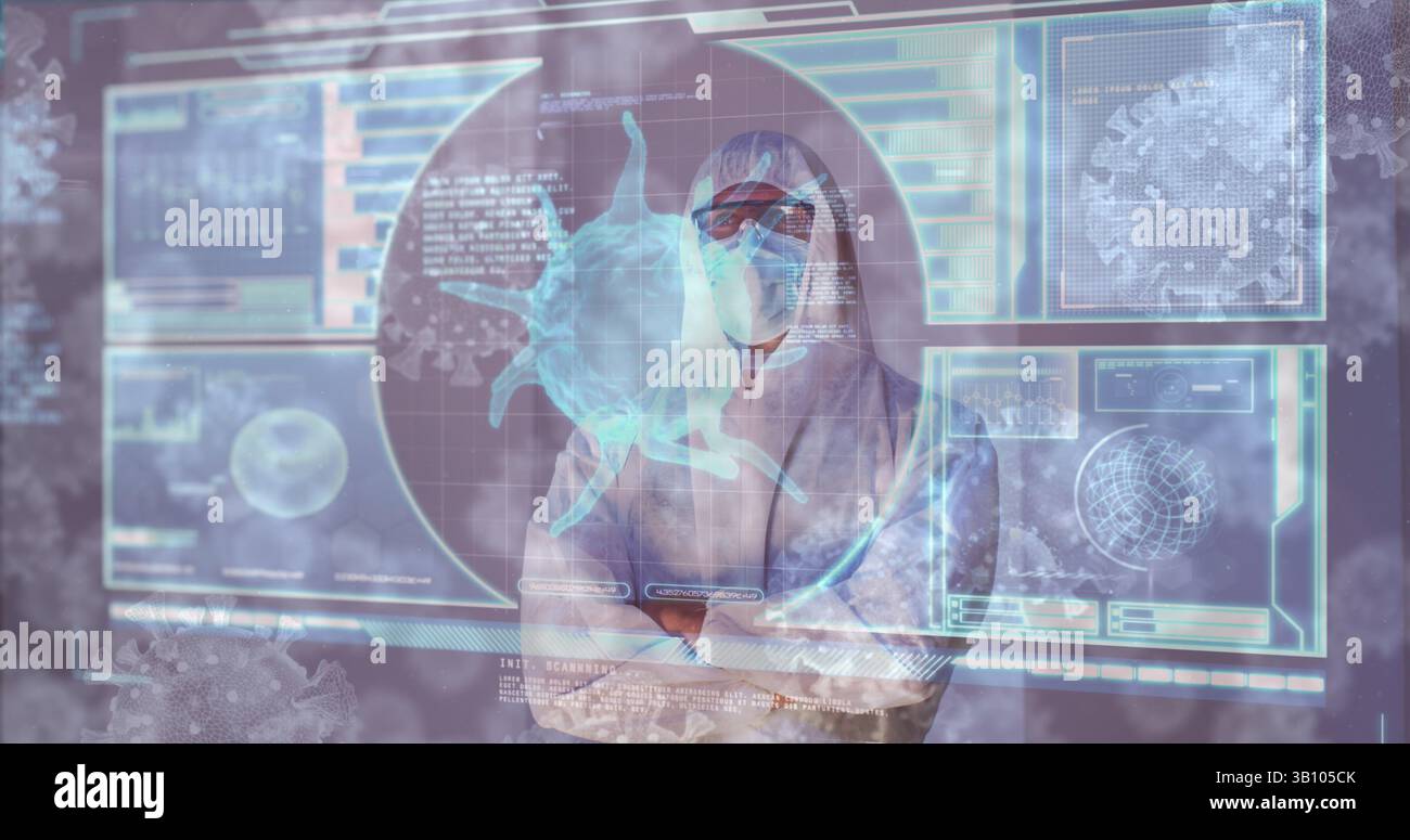 Image de la cellule covid 19 et données sur un médecin masculin caucasien dans un costume epi Banque D'Images