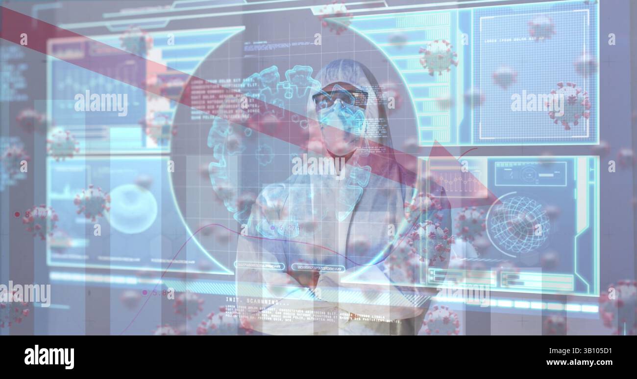 Image de flèche rouge, cellule covid 19 et données sur un médecin masculin caucasien dans un costume epi Banque D'Images