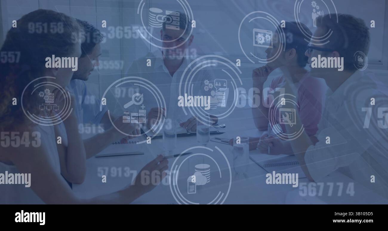 Image d'icônes financières sur un groupe diversifié de gens d'affaires Banque D'Images