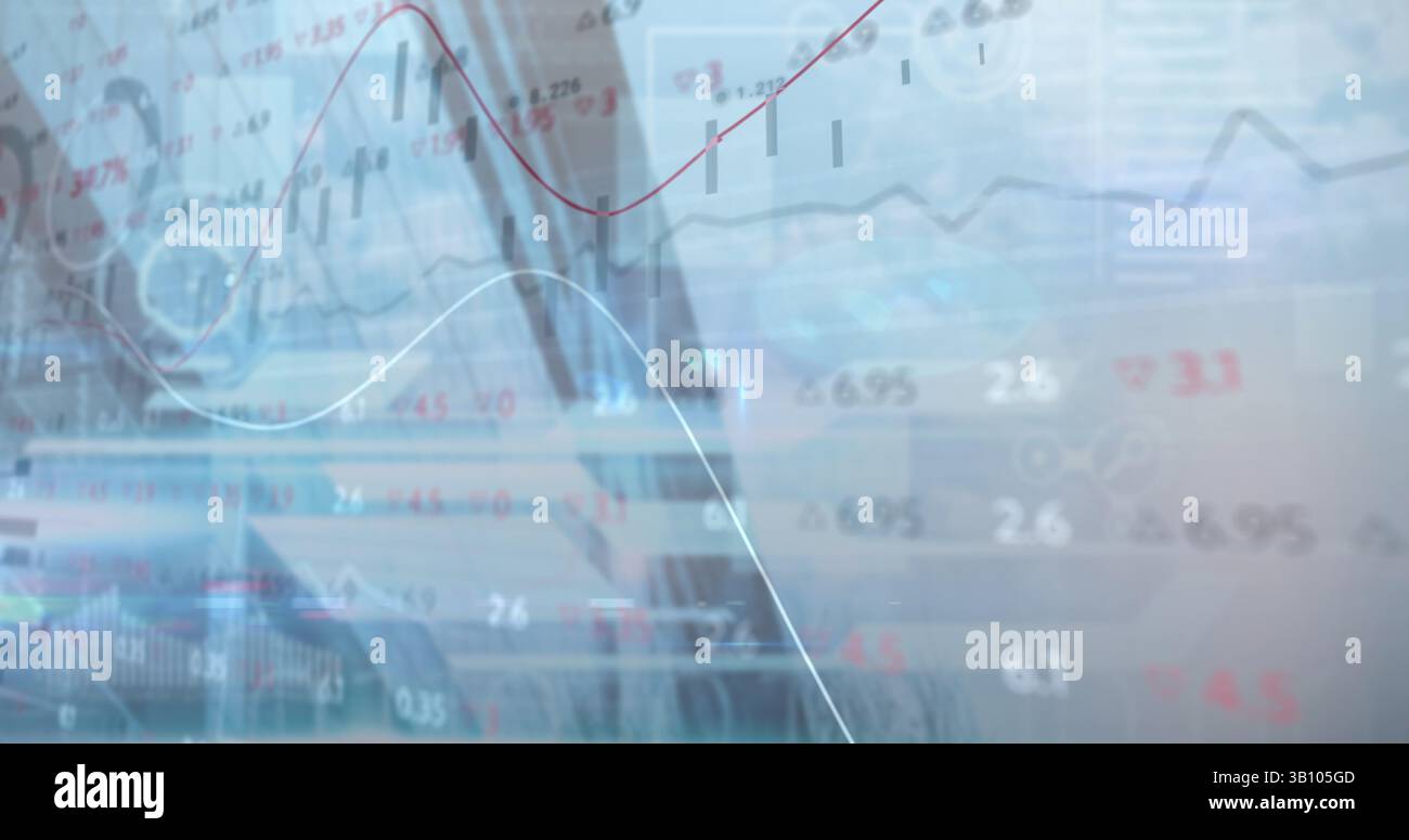 Image de données financières et de graphiques sur un paysage urbain flou Banque D'Images