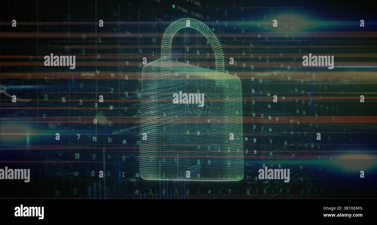 Traînées de lumière sur l'icône de cadenas de sécurité contre des taches de lumière sur fond bleu Banque D'Images