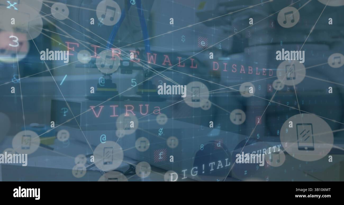 Illustration d'un texte d'avertissement et d'un réseau de connexions sur le bureau Banque D'Images