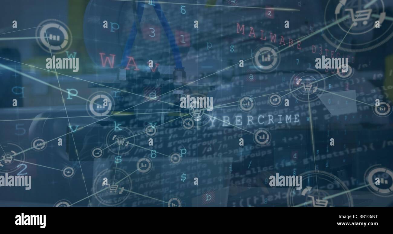 Illustration d'un texte d'avertissement et d'un réseau de connexions sur le bureau Banque D'Images