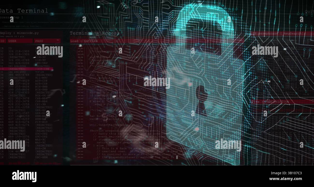 Plusieurs chiffres et lettres changeants par rapport à l'icône du cadenas de sécurité et aux connexions du microprocesseur Banque D'Images