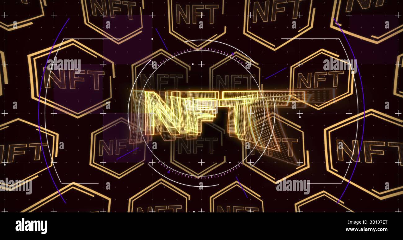Balayage de l'oscilloscope sur plusieurs symboles nft flottant sur fond noir Banque D'Images