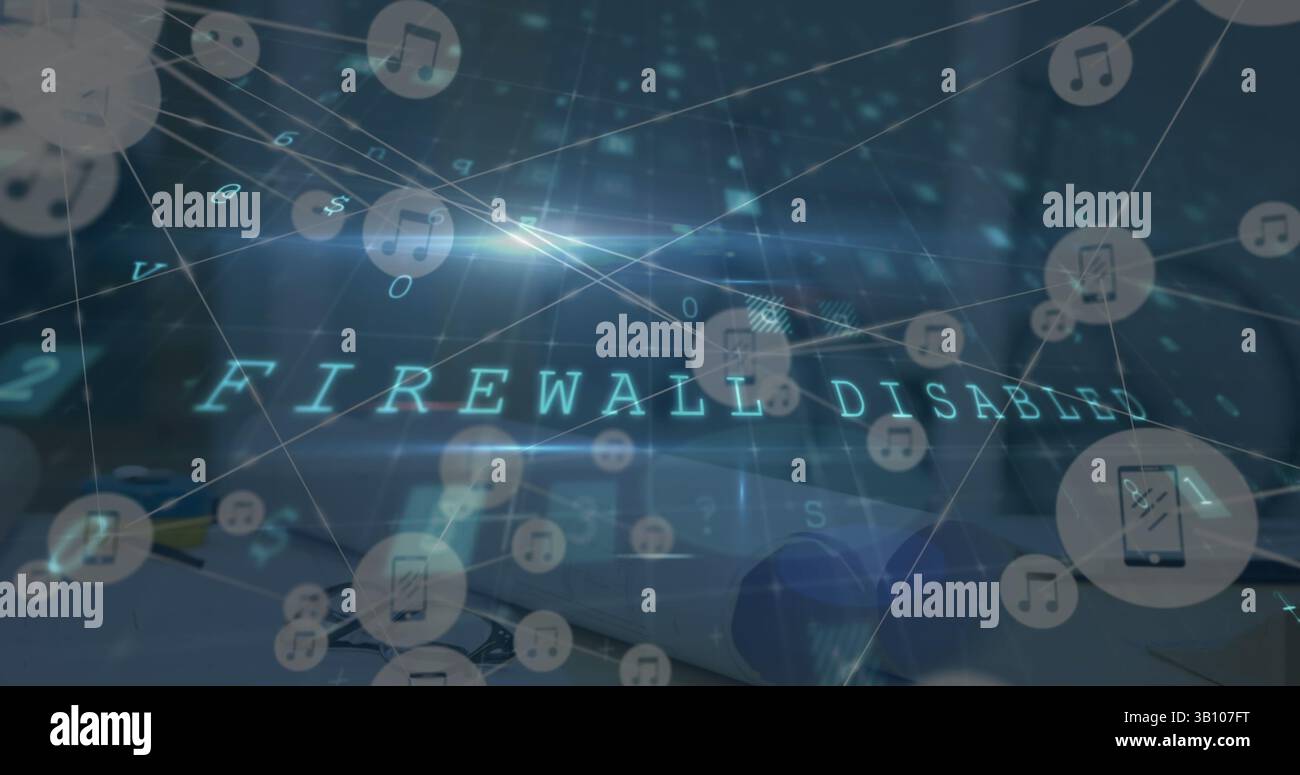 Illustration d'un texte d'avertissement et d'un réseau de connexions sur le bureau Banque D'Images