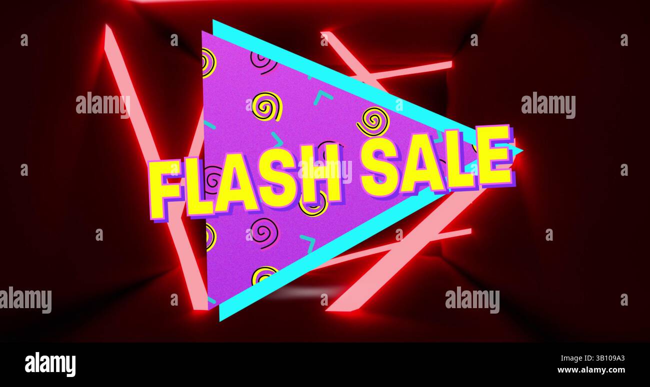 Image de vente flash sur triangle avec des formes et un fond rouge avec des lumières au néon Banque D'Images