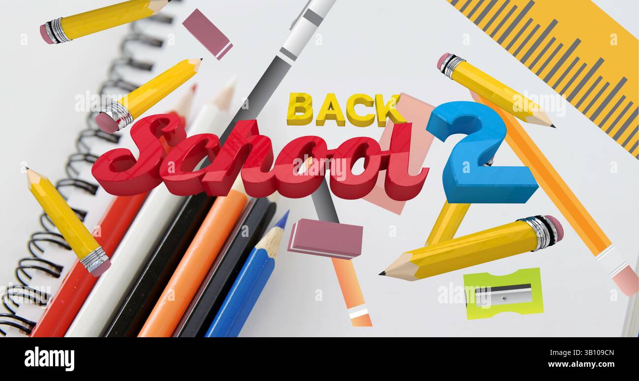 Image du texte et de la papeterie de l'école Back 2 se déplaçant sur des crayons de couleur et un cahier d'école Banque D'Images