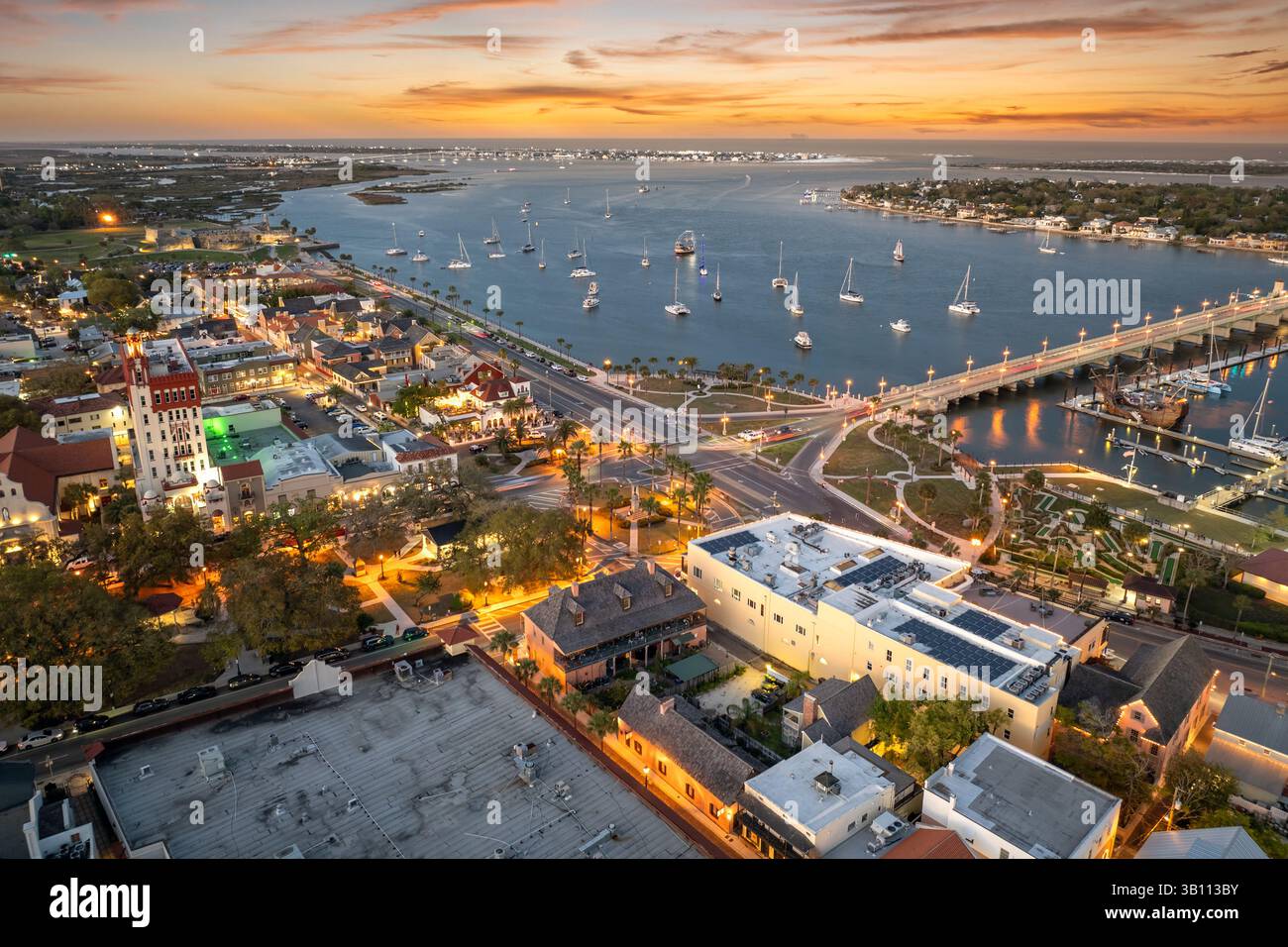 St Augustine, Floride au coucher du soleil. Vieille ville historique aux États-Unis. Destination de voyage américaine Banque D'Images