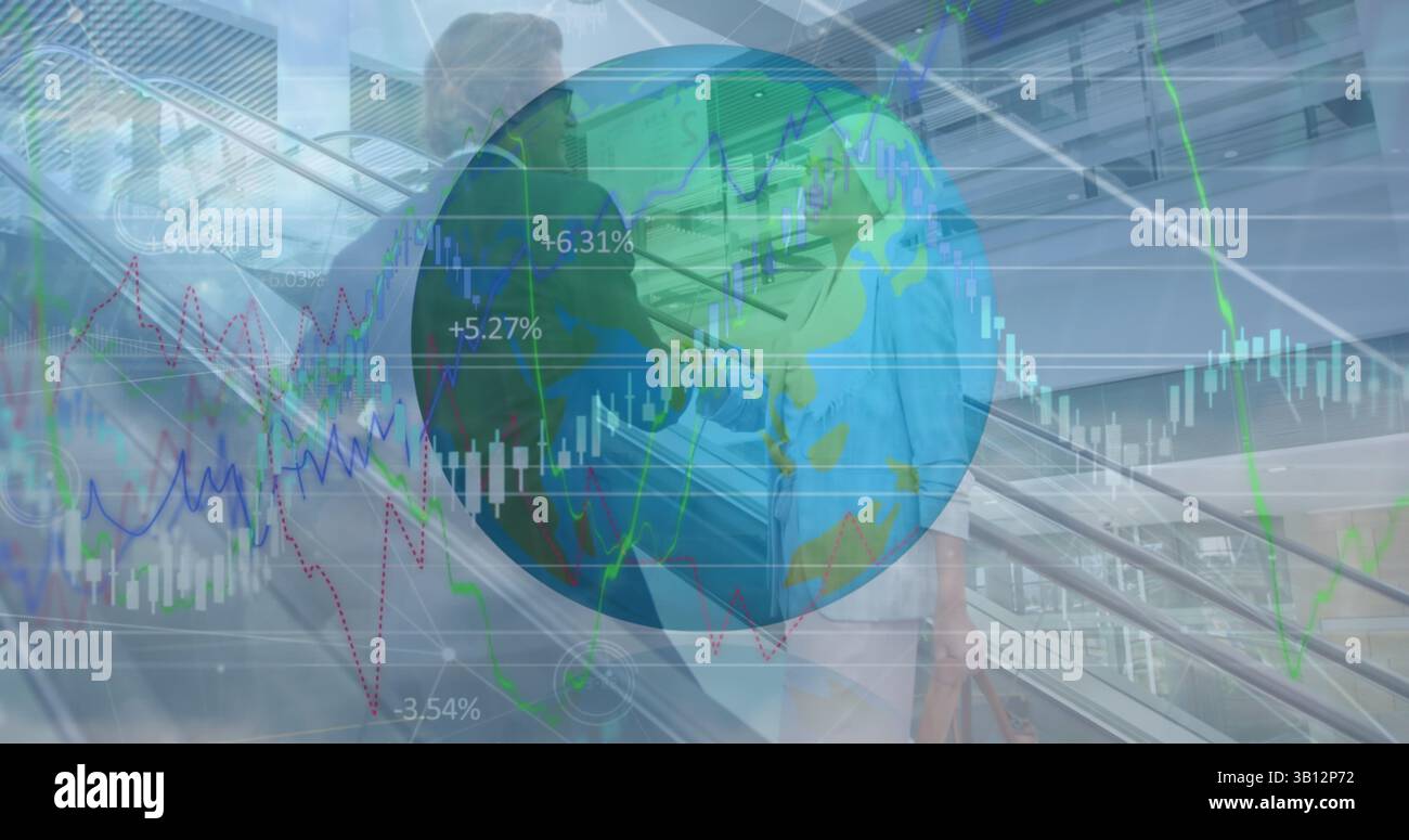 Image du traitement des données financières et du globe sur deux hommes d'affaires divers Banque D'Images