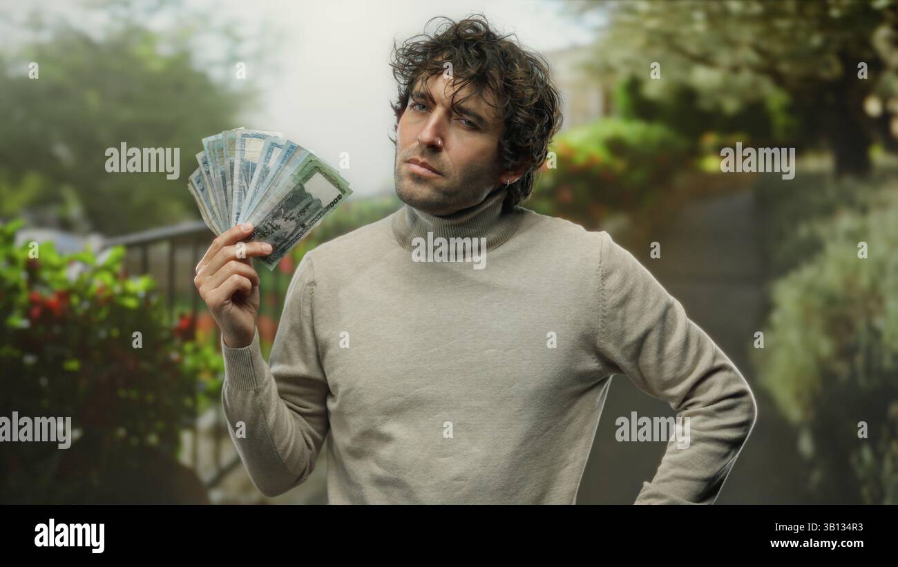 Homme tenant bangladesh taka dans un parc, présentant la monnaie et les thèmes financiers à l'extérieur, offrant une expression décontractée et contemplative au milieu d'un s naturel Banque D'Images