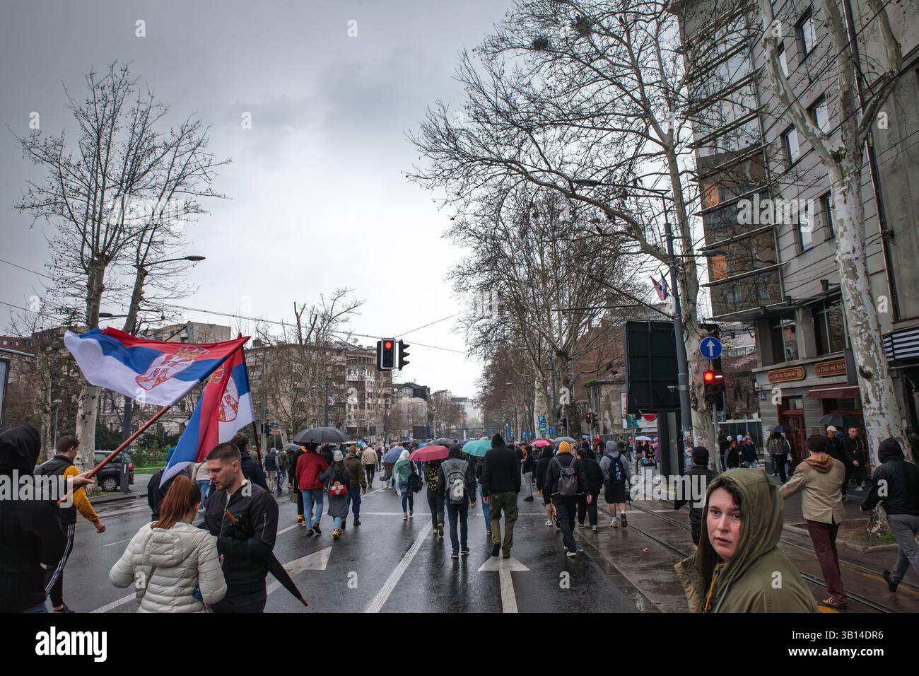 BELGRADE, SERBIE - 15 MARS 2025 : grande foule sur la place Trg Slavija en manifestation de masse contre le gouvernement serbe, dans le cadre de Krvave su vam ruke, Pumpaj o Banque D'Images