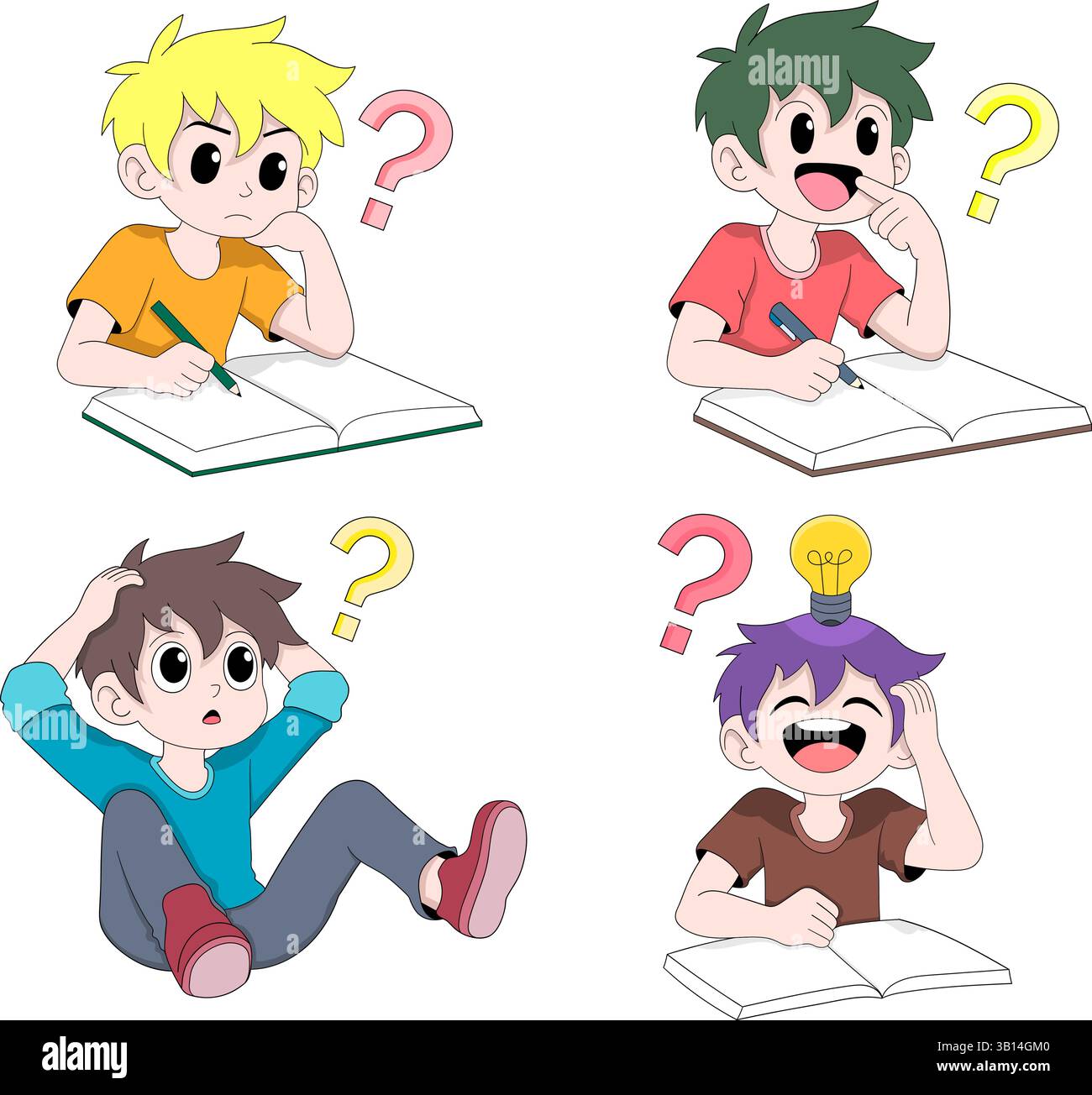 Ensemble mignon d'illustration de style de dessin animé d'enfants montrant diverses expressions de pensée et d'apprentissage. Comprend des enfants avec des livres et des crayons, entouré par Illustration de Vecteur