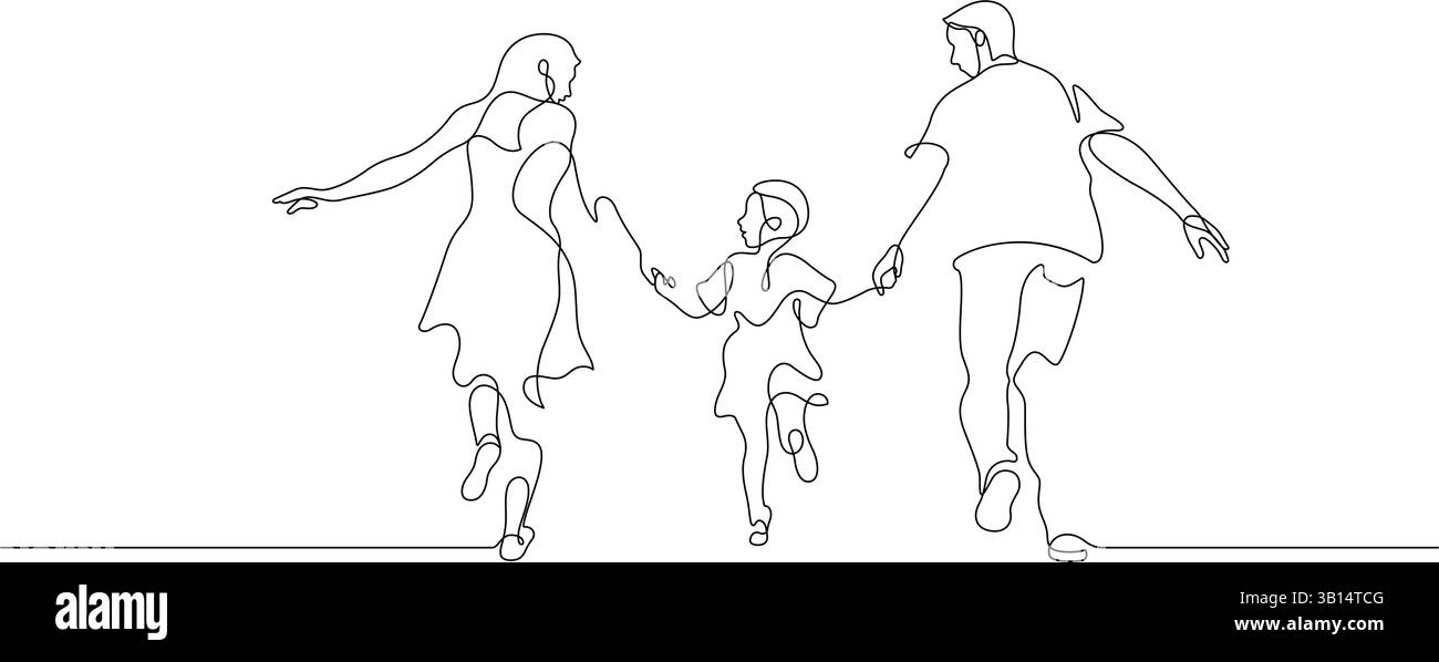 famille marchant ensemble tenant les mains alignent l'art minimalisme. maman heureuse papa et fille détente insouciante illustration de dessin d'une ligne Illustration de Vecteur