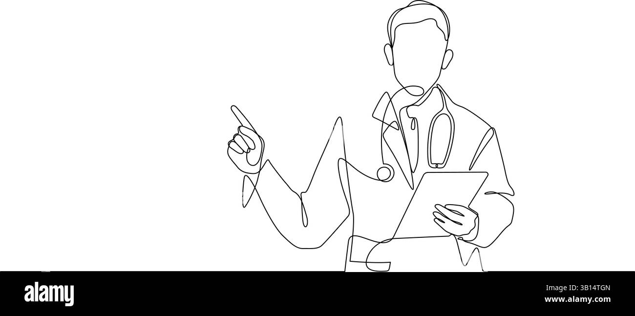 docteur avec la robe d'hôpital à l'aide de la tablette numérique en pointant pose une ligne dessinant l'art minimaliste dessiné à la main continu Illustration de Vecteur