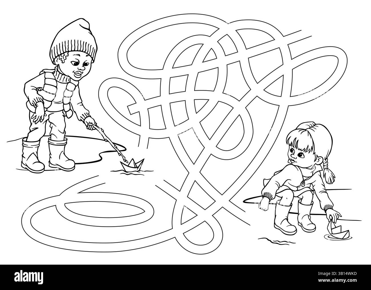 Les enfants lancent des bateaux en papier dans une flaque. Labyrinthe printanier noir et blanc. Activité imprimable préscolaire de saison. Labyrinthe de jeux en plein air ou coloriage Illustration de Vecteur