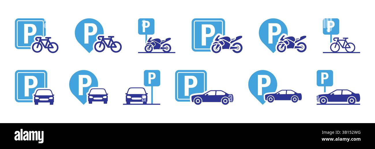 Symbole d'icône de stationnement des véhicules. Voiture, moto, parking pour vélos simbol. Illustration de Vecteur
