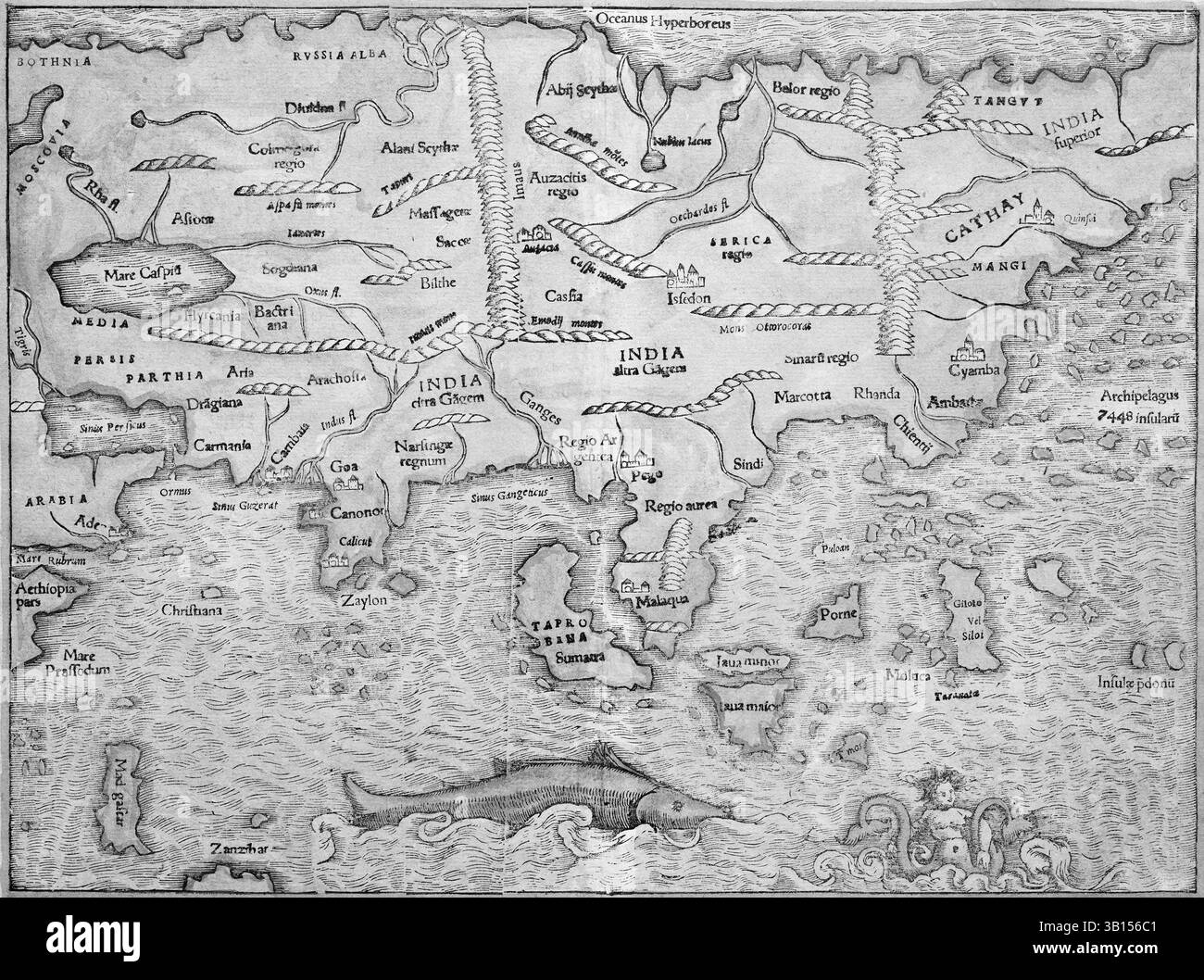 Asie, carte gravée sur bois de Sebastian Muenster Cosmographey oder Beschreibung aller Laender, Basel 1578 Banque D'Images