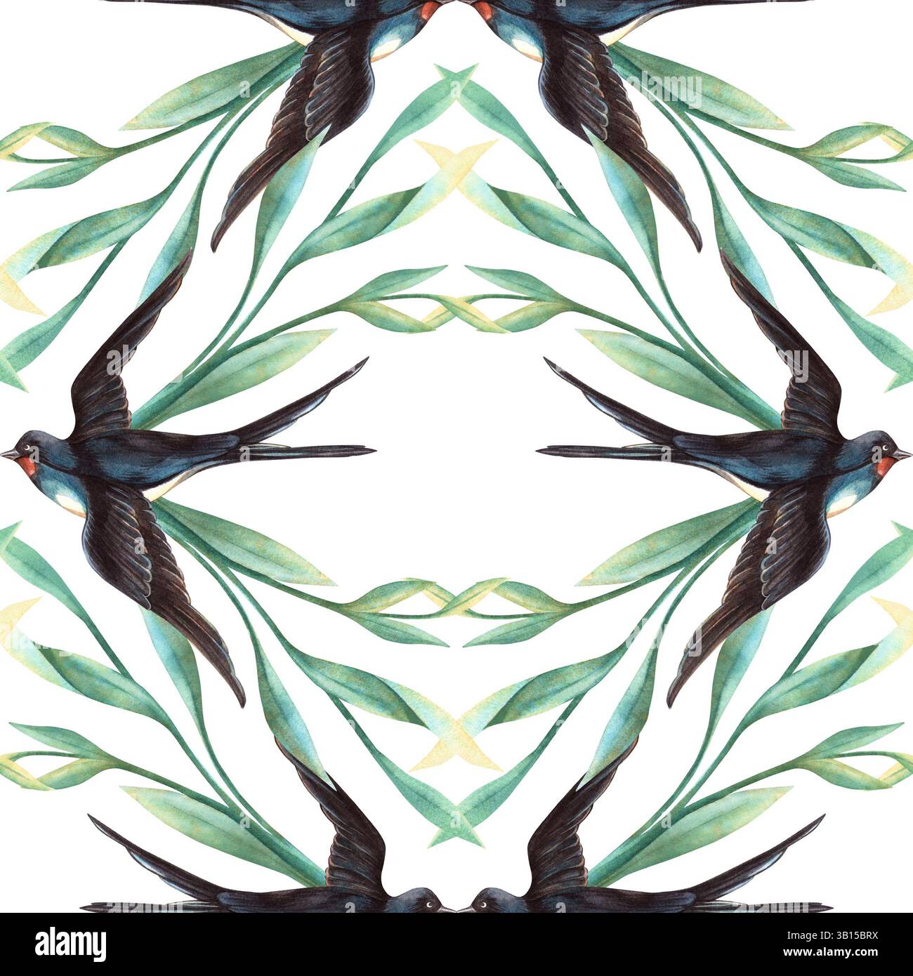 Motif sans couture de printemps avec des hirondelles et du feuillage. Botanical aquarelle dessinée à la main avec des oiseaux volants et des feuilles fond floral parfait pour le mariage Banque D'Images