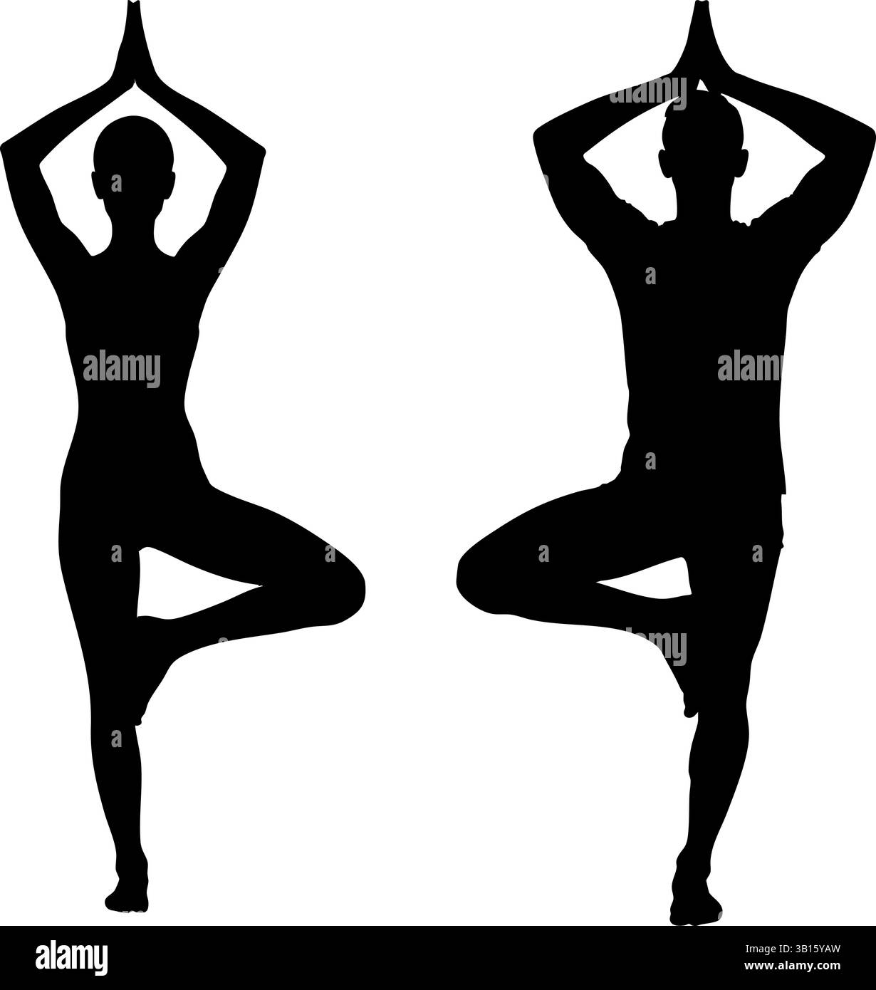 Silhouette d'un homme et d'une femme exécutant la pose de l'arbre (Vrksasana) dans le yoga - une posture équilibrée et paisible symbolisant la pleine conscience, la forme physique et spirituelle Illustration de Vecteur