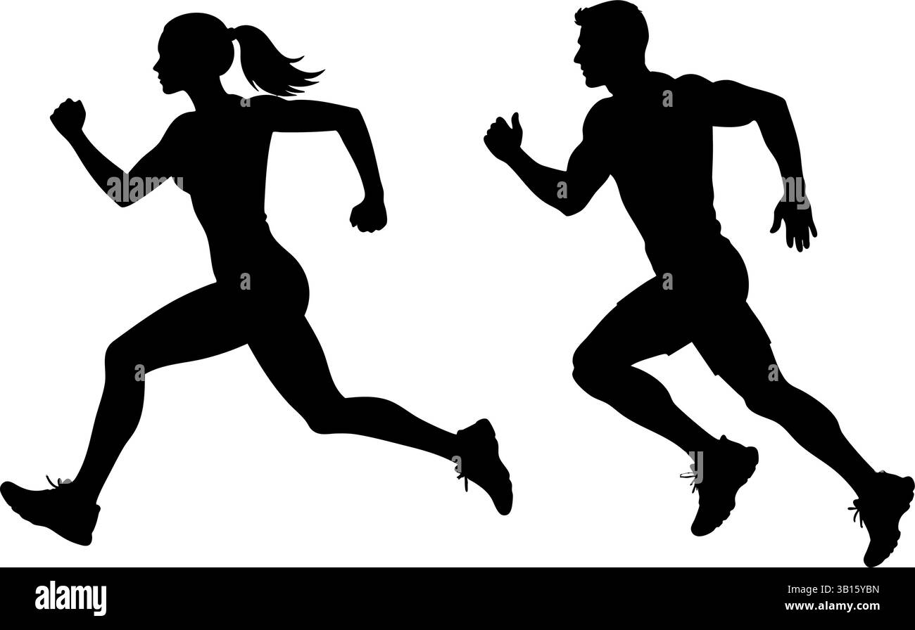 Silhouette d'un homme et d'une femme qui courent côte à côte, mettant en valeur l'athlétisme, la forme physique et le mouvement sur fond blanc - idéal pour les concepts se rapportent Illustration de Vecteur