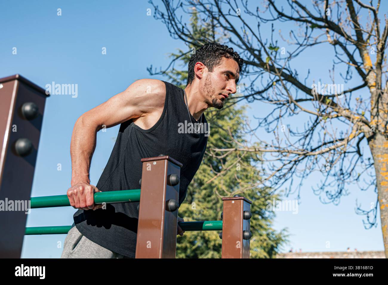 Homme en forme réalisant des exercices parallèles de trempage à barre dans un gymnase extérieur, mettant en valeur la force des bras, le contrôle et l'entraînement ciblé du poids corporel sous un ciel bleu clair Banque D'Images