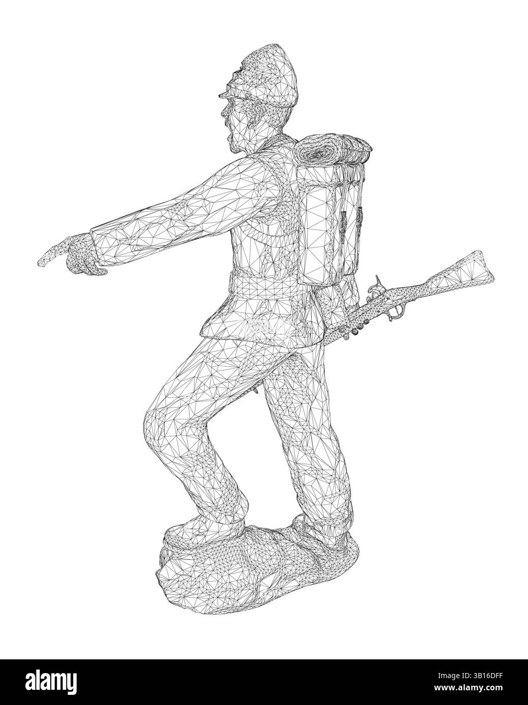 Un soldat est debout sur un rocher avec un pistolet à la main. Il pointe quelque chose au loin Illustration de Vecteur