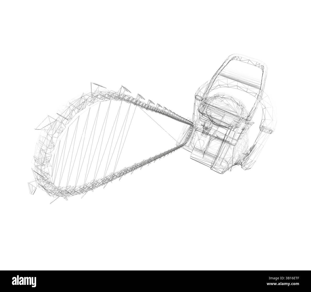 Dessin noir et blanc d'une tronçonneuse. La tronçonneuse est représentée au premier plan et la poignée en arrière-plan. La tronçonneuse est illustrée avec un cha Illustration de Vecteur