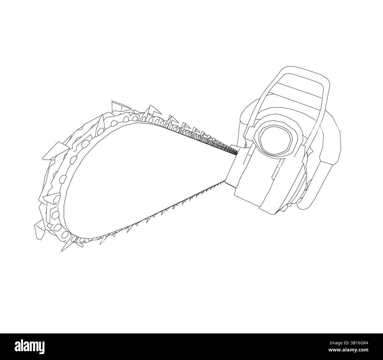 Dessin noir et blanc d'une tronçonneuse. La tronçonneuse est représentée au premier plan et la poignée en arrière-plan. La tronçonneuse est illustrée avec un cha Illustration de Vecteur