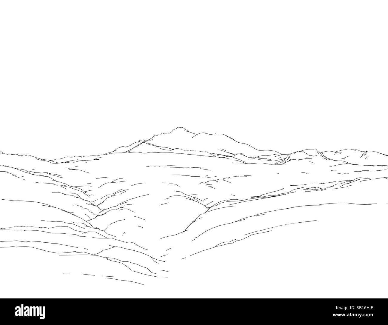Une chaîne de montagnes est représentée dans un dessin en noir et blanc. Les montagnes sont en arrière-plan et le premier plan est une plaine de terre Illustration de Vecteur