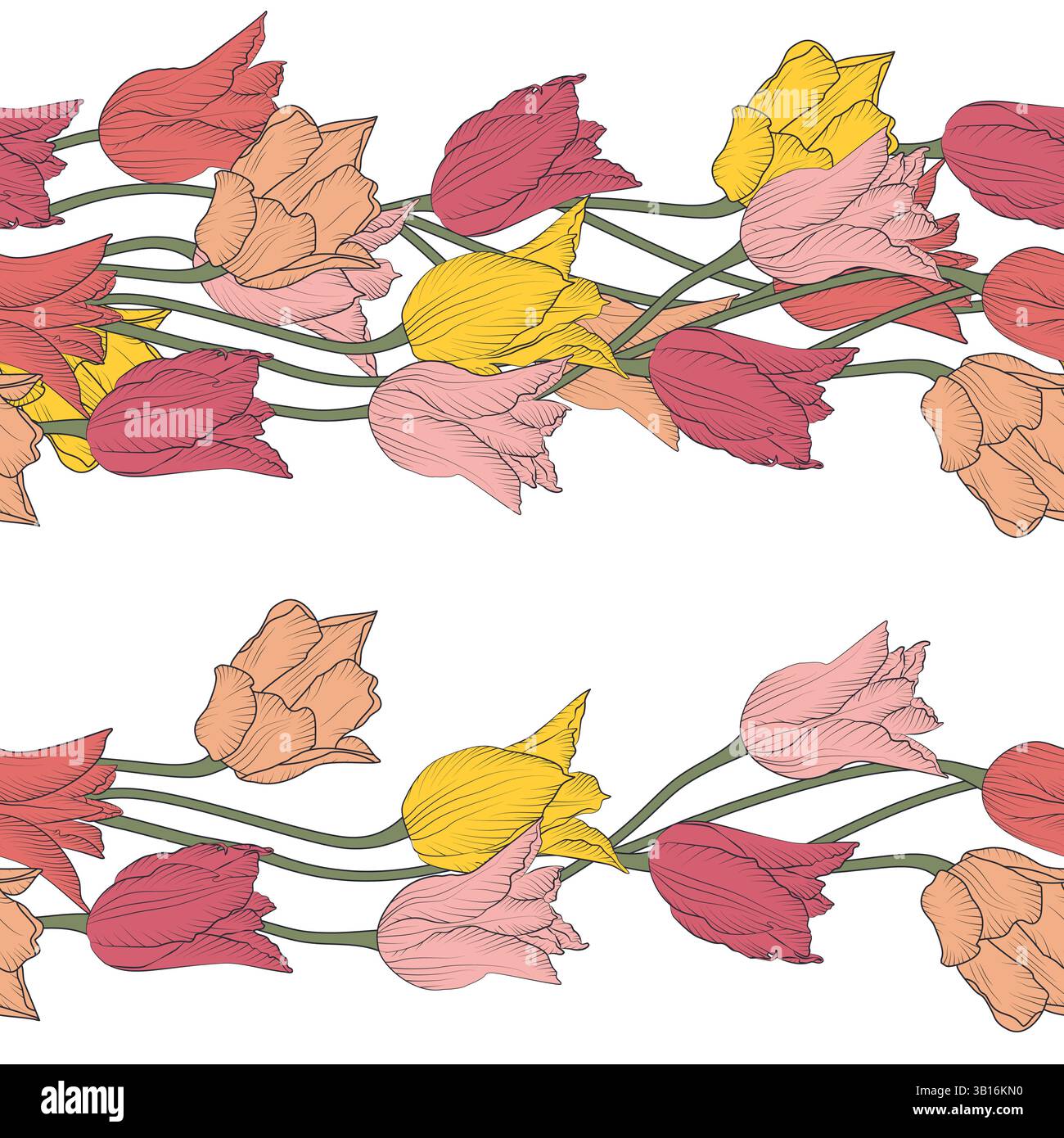 Motif rayé avec tulipes linéaires roses et jaunes. Bordure fleurie sans couture avec fleurs de printemps dessinées à la main Illustration de Vecteur