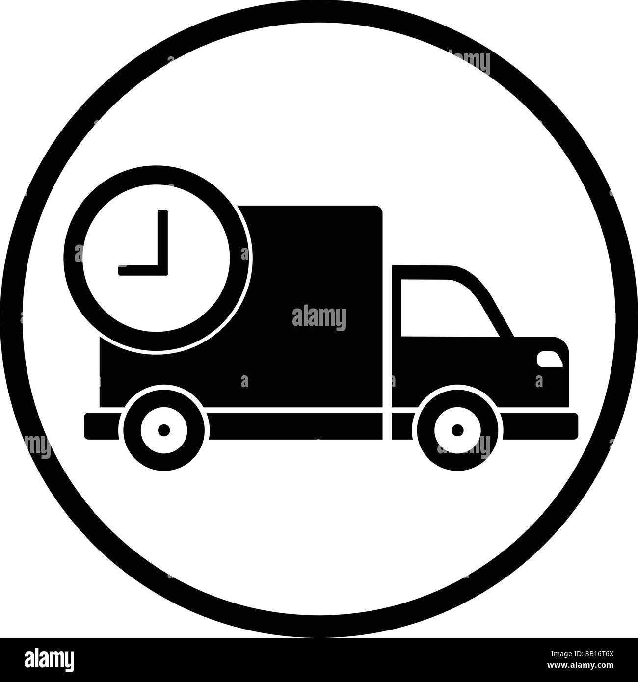 Icône vectorielle noire et blanche d'un camion de livraison avec un symbole d'horloge, représentant l'expédition programmée, la logistique express, le fret rapide, le service de messagerie Illustration de Vecteur