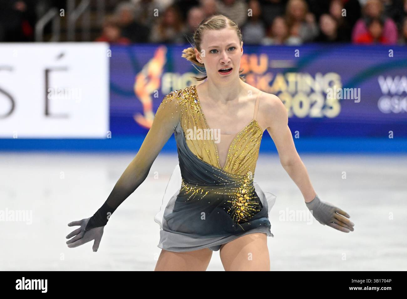 28 mars 2025, Boston, Mass : Lorine Schild, de France, patine dans le programme de patinage libre féminin à TD Garden. Eric Canha/CSM (image crédit : © Eric Canha/Cal Sport Media) Banque D'Images