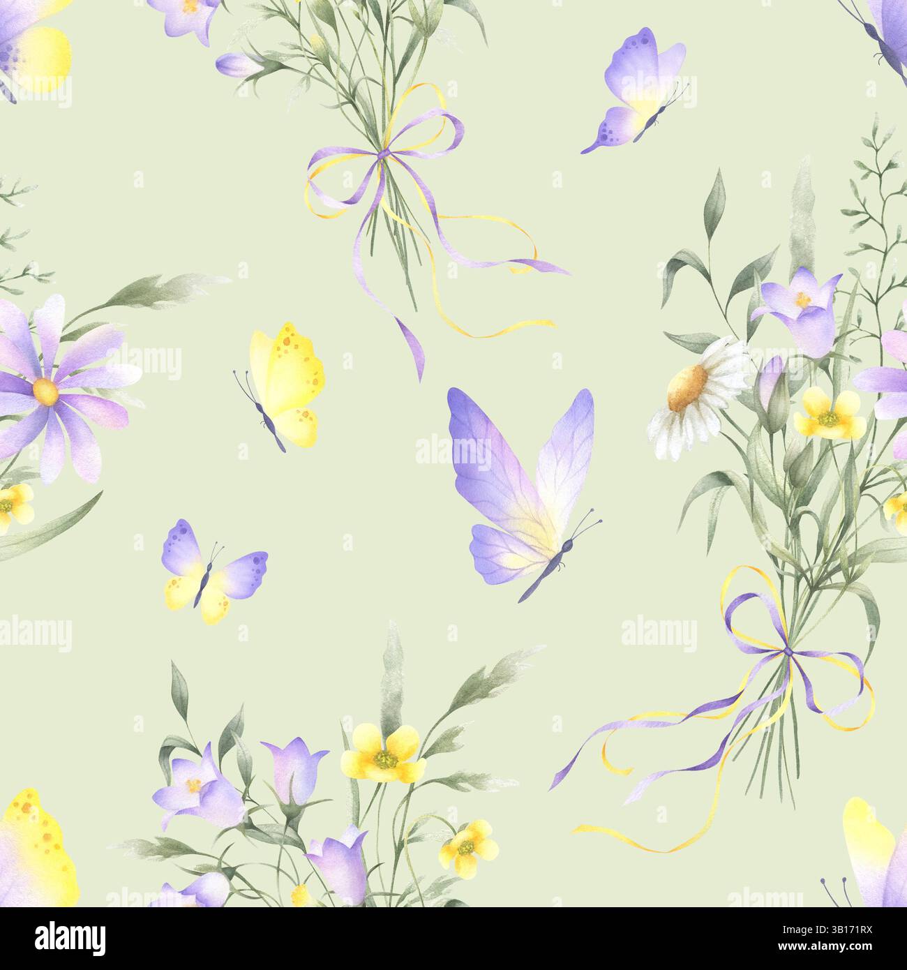 Fleurs sauvages chellfleur, papillon et herbes de prairie en bouquets ruban noué arc et papillons. Motif d'aquarelle florale sans couture sur vert clair. H Banque D'Images