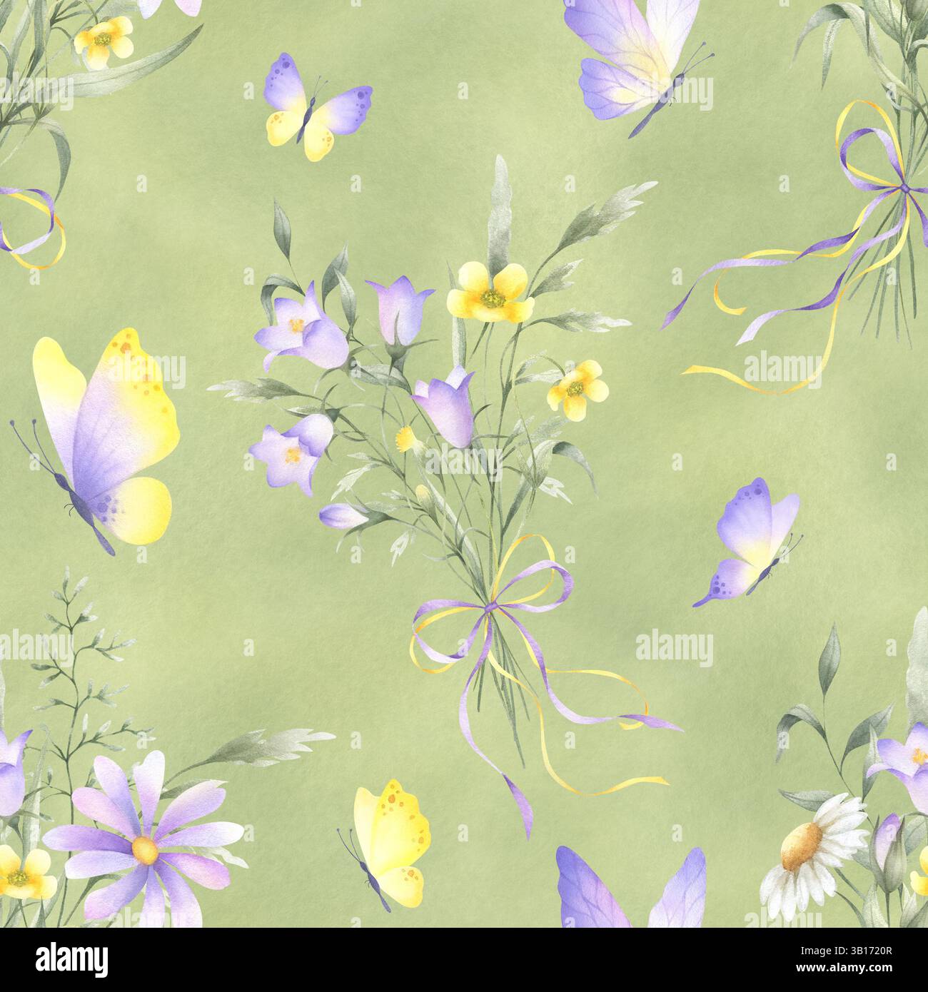 Fleurs sauvages chellfleur, papillon et herbes de prairie en bouquets ruban noué arc et papillons. Motif d'aquarelle florale sans couture sur vert. dr. Banque D'Images