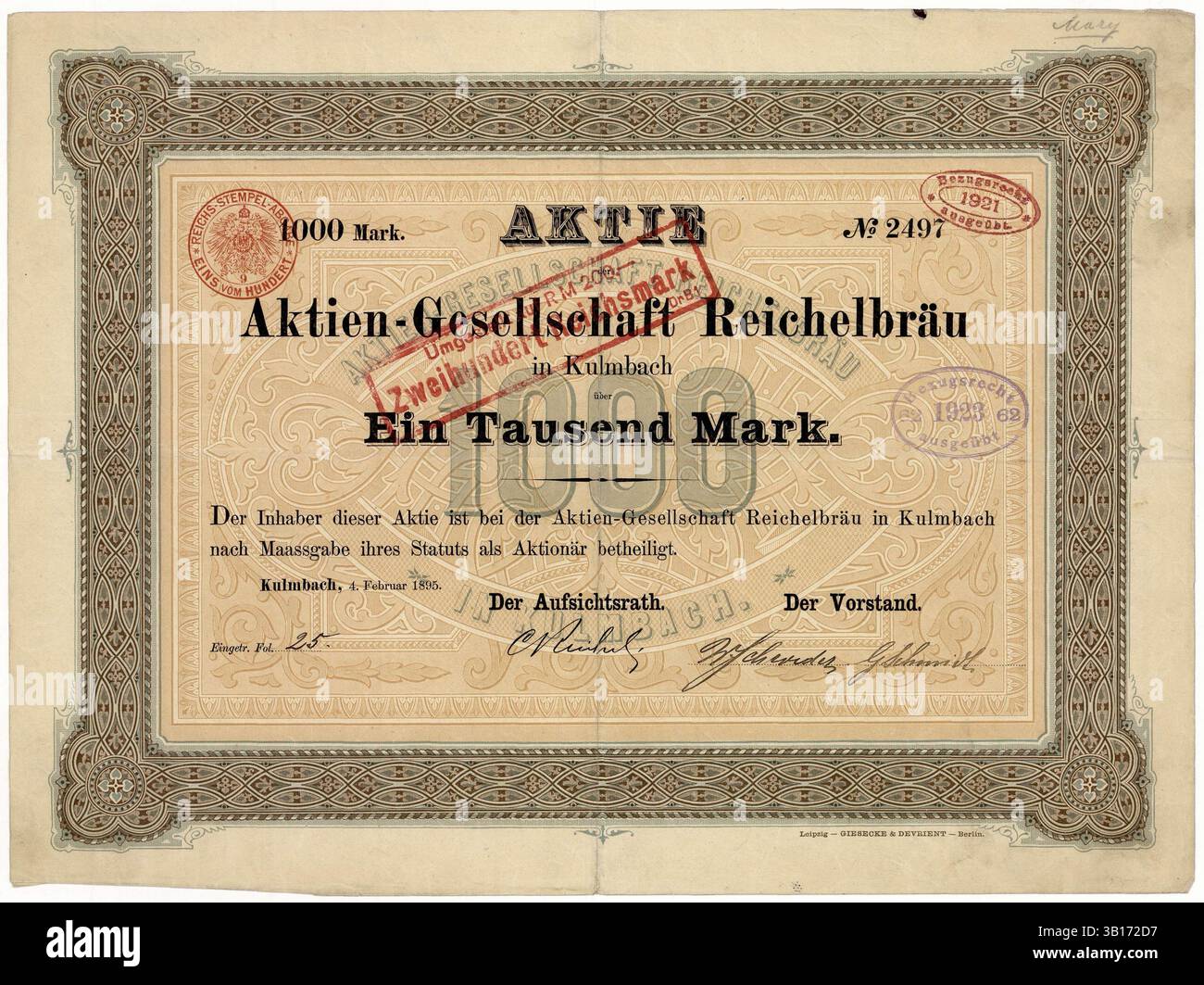 Part de la brasserie Reichelbräu pour 1000 marks, 1895, changée en 200 Reichsmarks par surimpression, Kulmbach, haute-Franconie, Bavière, Allemagne, reproduction d'un modèle de cette époque, historique, amélioré numériquement Banque D'Images