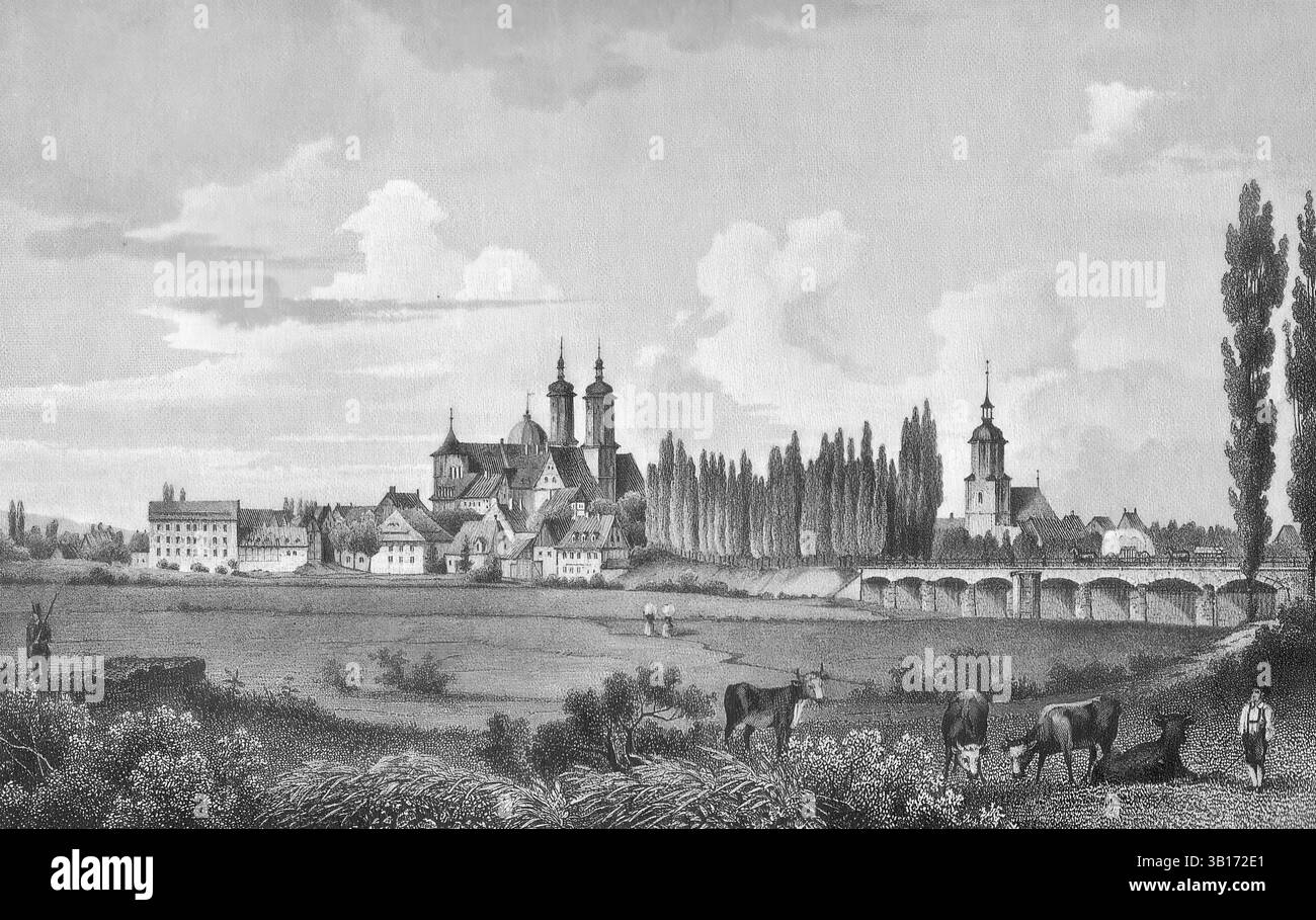 Vue de Wurzen en Saxe en 1850, Allemagne, reproduction d'un modèle de cette époque, historique, amélioré numériquement Banque D'Images